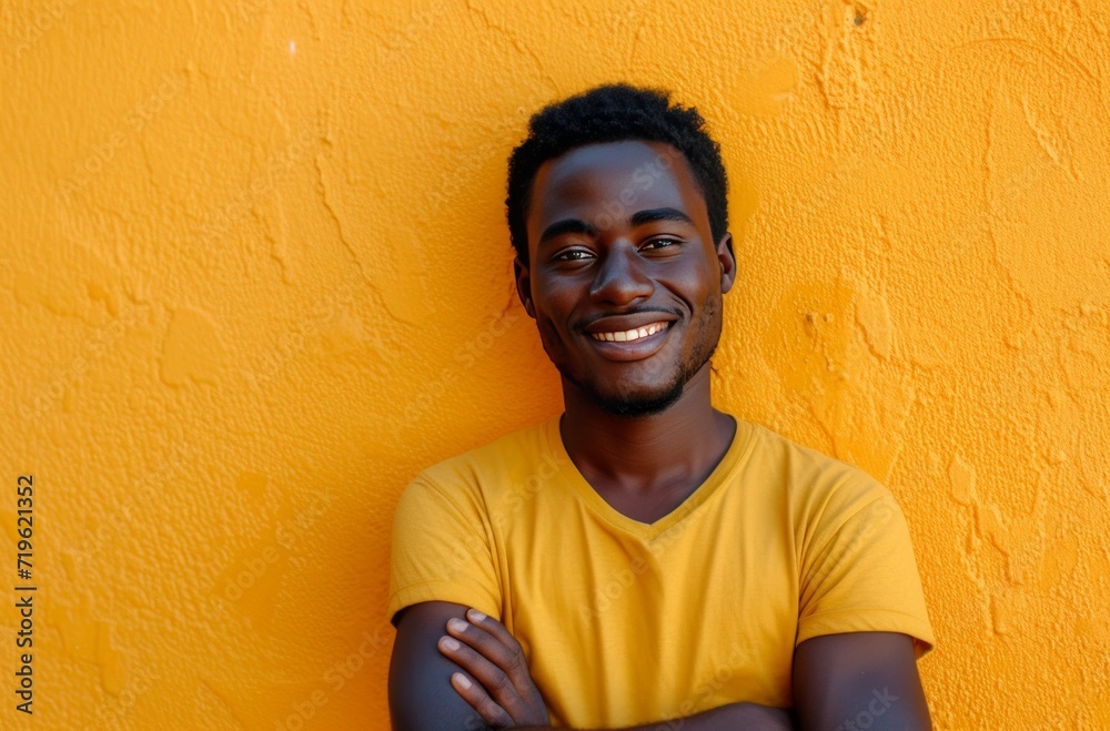 smiling young africanamerican man with arms crossed against yellow background