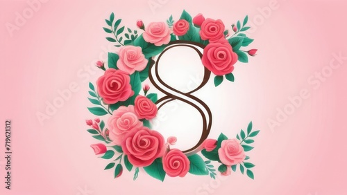 Women's Day concept for March 8th. The number 8 on a pink background with pink roses
