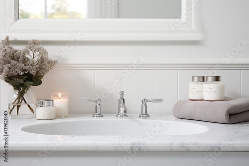 Modern minimalist bathroom design with sleek water faucet set against light white backdrop