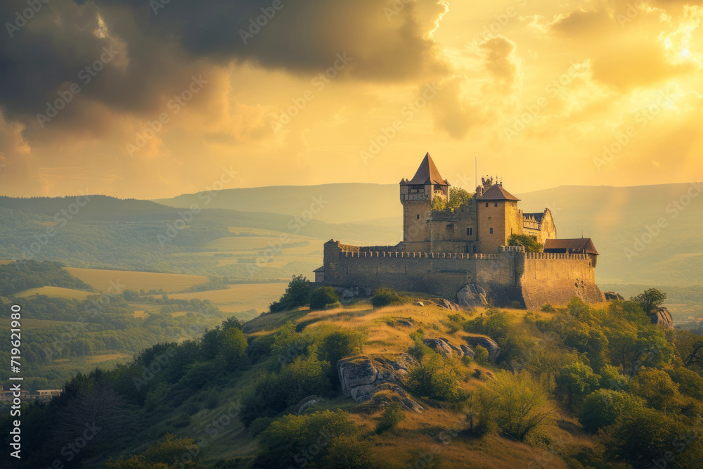 Ancient castle on a hill, a historic image featuring an ancient castle perched on a hill overlooking scenic landscapes, creating a timeless and fairy-tale scene for historical landmarks.