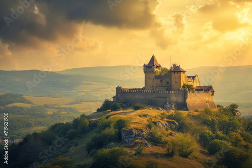 Ancient castle on a hill  a historic image featuring an ancient castle perched on a hill overlooking scenic landscapes  creating a timeless and fairy-tale scene for historical landmarks.