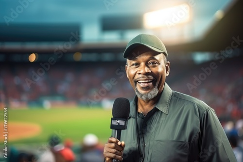 African american commentator on live translation of match on stadium photo