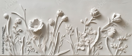 simple modern design subtle, minimalist botanical relief, textured art made of plaster