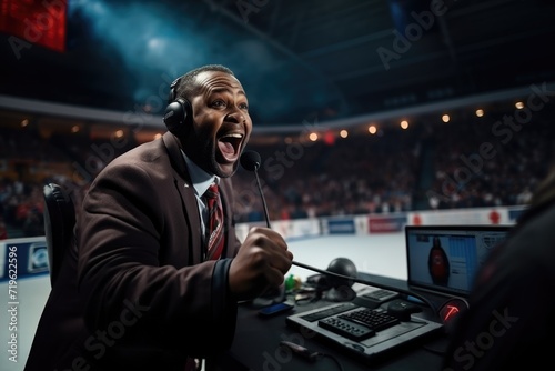 African american commentator on live translation of match on stadium