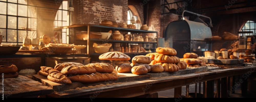 Traditional bakery shop with assortment of bread. banner