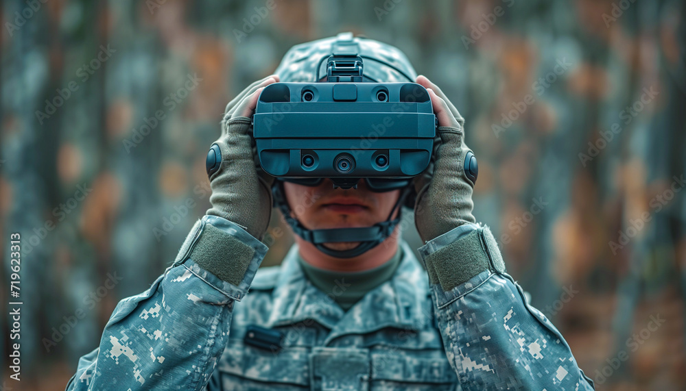 A male soldier in military uniform wearing FPV goggles watches the operation of drone. A male soldier in military uniform wearing FPV goggles watches the operation of drone.