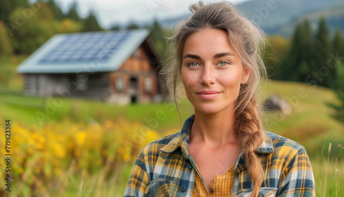 Beautiful young adult blonde woman villager standing in front of house with solar energy panels on roof.