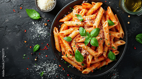 Classic italian pasta penne alla arrabiata with basil and freshly parmesan cheese on dark table. Penne pasta with sauce.