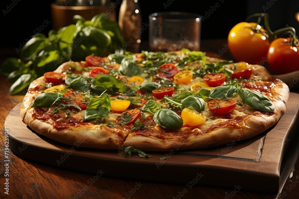 appetizing pizza with stretchy cheese, tomatoes, and basil on wooden background appetizing pizza with stretchy cheese, tomatoes, and basil on wooden background