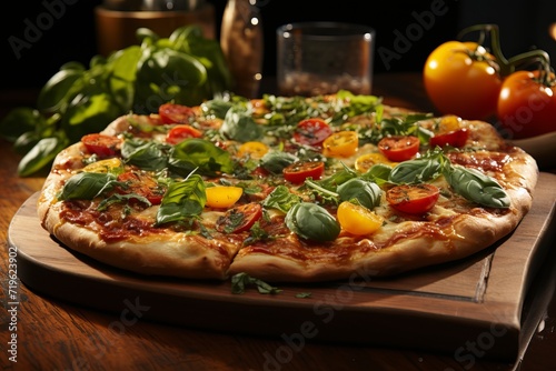 appetizing pizza with stretchy cheese, tomatoes, and basil on wooden background