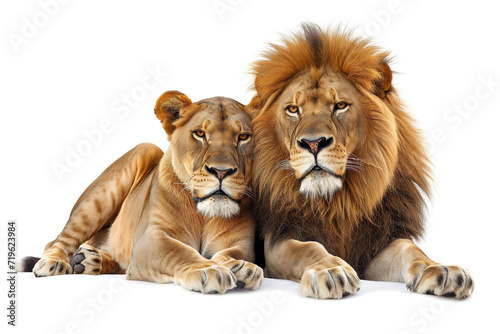 Lion and lioness are laying together, isolated on white background