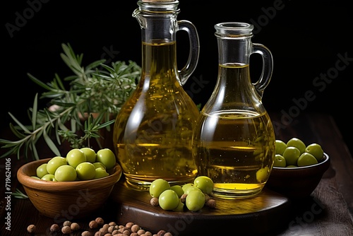 Glass jar half-filled with olive oil and green olives on soft olive green background