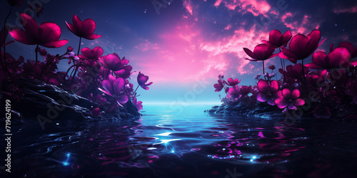 abstract exotic pink flowers, purple and pink sky and blue water fantasy landscape background