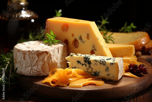 Delicious assortment of diverse cheese types displayed artfully on a charming rustic wooden table