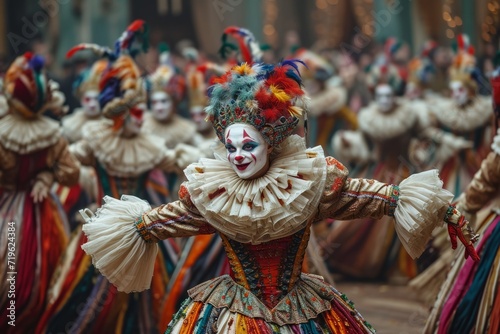 Celebrating carnival. Group of people dressed as harlequins. photo