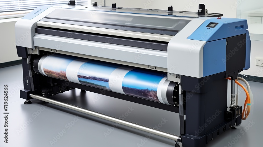 Large format plotter printing professional blueprints with copy space and wide design concept Large format plotter printing professional blueprints with copy space and wide design concept