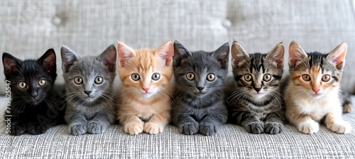 Playful and diverse array of cute cat kittens sitting together in a colorful row