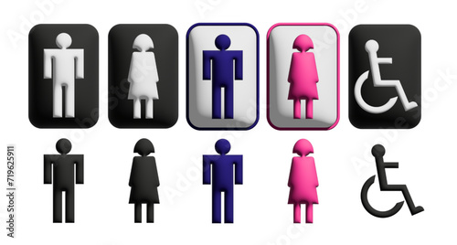 Símbolos 3D de baños públicos, femenino, masculino y discapacitado.