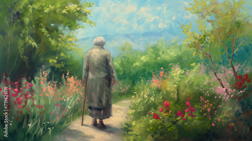 Painted illustration of a senior woman walking in her flower garden. Health and wellness in seniors concept. AI generated