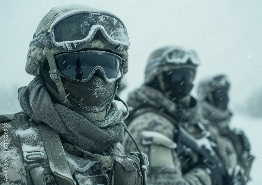 A Portrait of a Soldier in Military Outfit with Goggles in the Snow