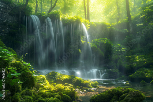 Enchanting forest waterfall  a magical image featuring a hidden waterfall cascading through a lush forest  creating a mystical and nature-centric scene for eco-tourism  hiking adventures.