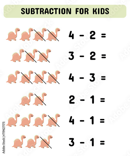 Subtraction game with dinosaurs. Counting math game for preschool children.Educational printable math worksheet.