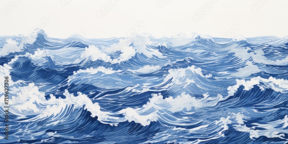 Minimal pen illustration sketch indigo & white drawing of an ocean 