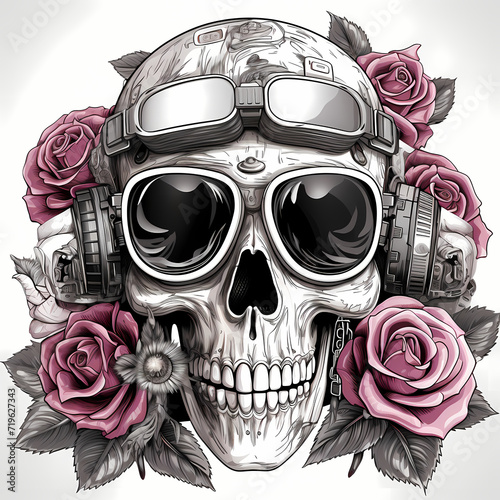 Pilot Man skull with beard and mustache, tribal tattoo. Hand drawn black ink illustration isolated on white background. Floral pattern of plants with flowers in retro vintage style design photo
