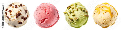 A set of scoops of strawberry, raisins, pistachio and banana ice cream isolated on a transparent background. Delicacy for children and adults. A design element to be inserted into a design or project. photo