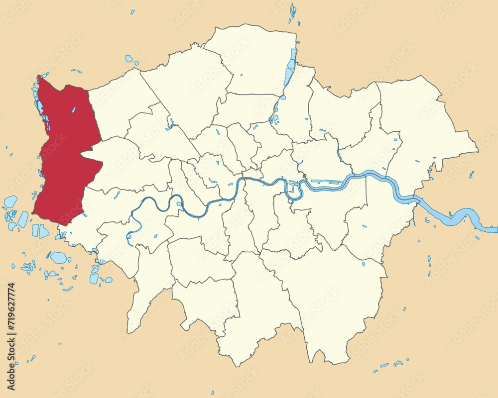 Red flat blank highlighted location map of the BOROUGH OF HILLINGDON inside beige administrative local authority districts map of London, England