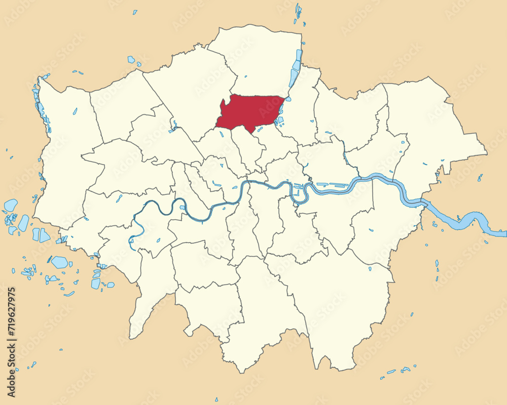 Red flat blank highlighted location map of the BOROUGH OF HARINGEY inside beige administrative local authority districts map of London, England