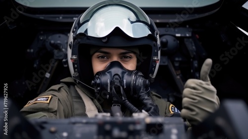 Fighter jet pilot with helmet in a cockpit