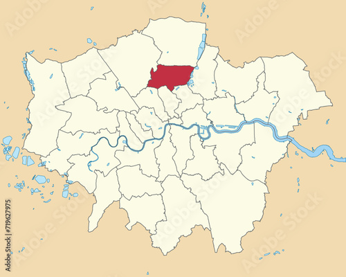 Red flat blank highlighted location map of the BOROUGH OF HARINGEY inside beige administrative local authority districts map of London  England