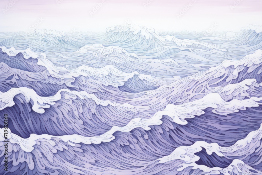 Minimal pen illustration sketch lavender & white drawing of an ocean