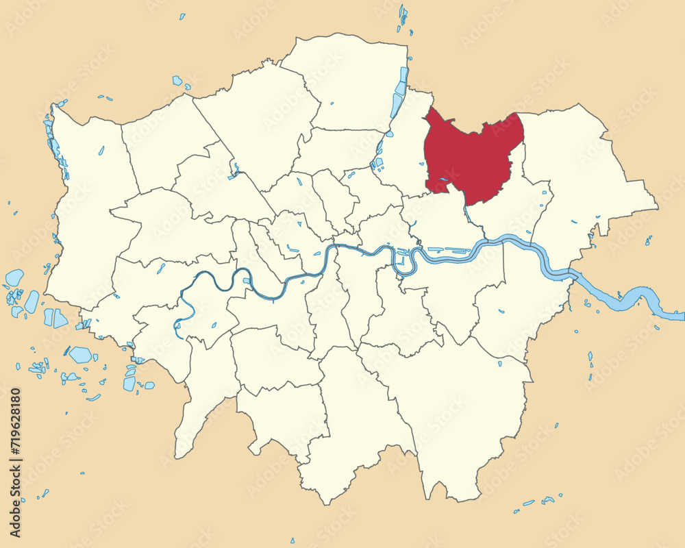 Red flat blank highlighted location map of the BOROUGH OF REDBRIDGE inside beige administrative local authority districts map of London, England