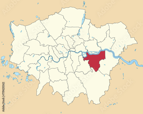 Red flat blank highlighted location map of the ROYAL BOROUGH OF GREENWICH inside beige administrative local authority districts map of London, England