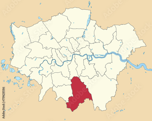 Red flat blank highlighted location map of the BOROUGH OF CROYDON inside beige administrative local authority districts map of London, England