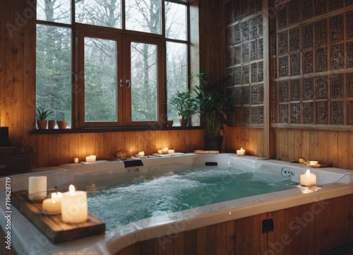 Cozy jacuzzi with candles in a rustic spa setting 