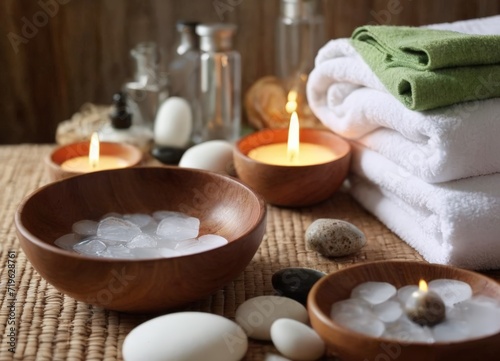 Spa setting with ice  towels  candles  and stones. 