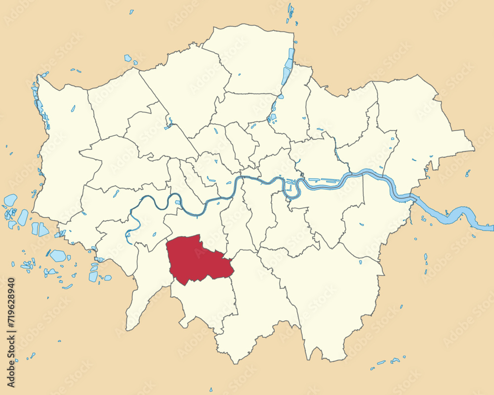 Red flat blank highlighted location map of the BOROUGH OF MERTON inside beige administrative local authority districts map of London, England