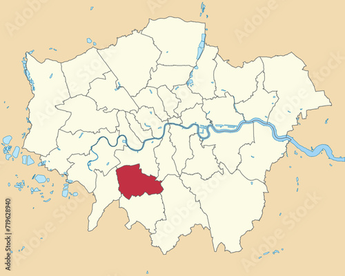 Red flat blank highlighted location map of the BOROUGH OF MERTON inside beige administrative local authority districts map of London  England