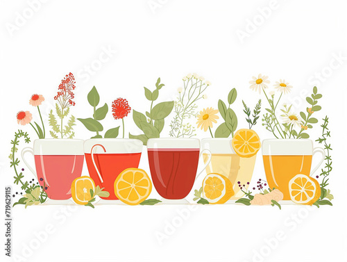 Soothing Ensemble of Herbal Teas Featuring Variety of Flavors, Flat Vector Illustration