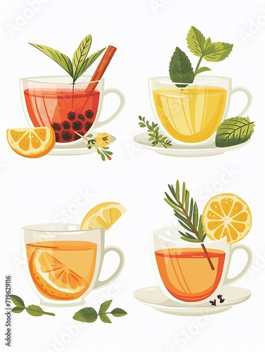 Soothing Ensemble of Herbal Teas Featuring Variety of Flavors, Flat Vector Illustration