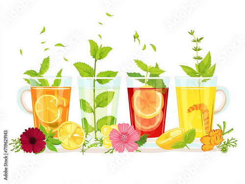 Soothing Ensemble of Herbal Teas Featuring Variety of Flavors, Flat Vector Illustration
