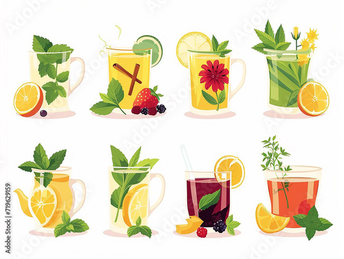 Soothing Ensemble of Herbal Teas Featuring Variety of Flavors, Flat Vector Illustration