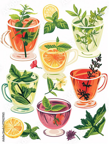 Soothing Ensemble of Herbal Teas Featuring Variety of Flavors, Flat Vector Illustration
