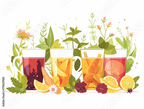 Soothing Ensemble of Herbal Teas Featuring Variety of Flavors, Flat Vector Illustration