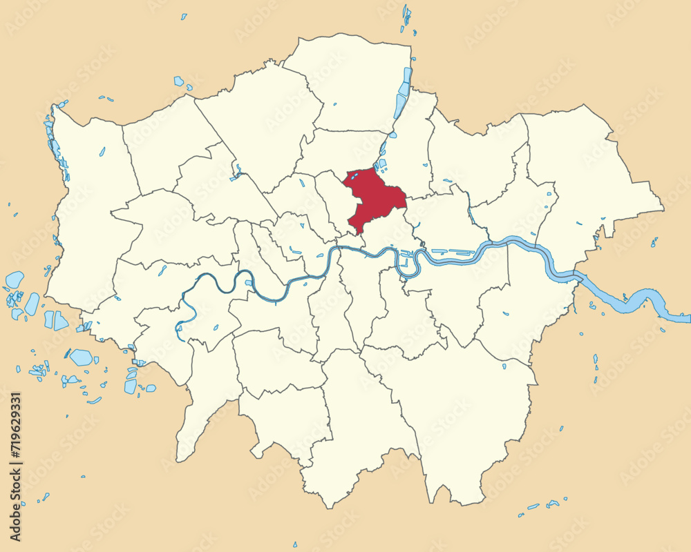 Red flat blank highlighted location map of the BOROUGH OF HACKNEY inside beige administrative local authority districts map of London, England