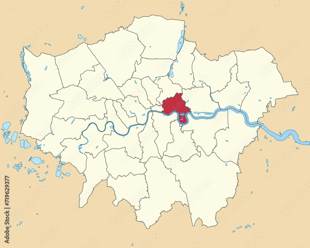 Red flat blank highlighted location map of the BOROUGH OF TOWER HAMLETS inside beige administrative local authority districts map of London, England