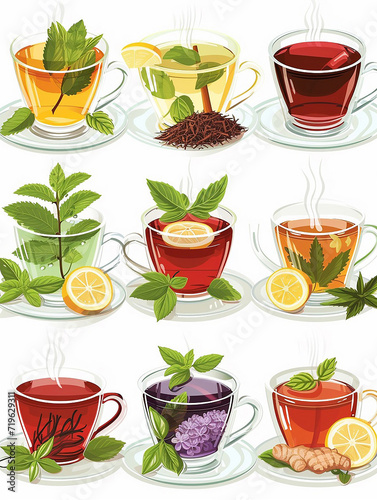 Soothing Ensemble of Herbal Teas Featuring Variety of Flavors, Flat Vector Illustration